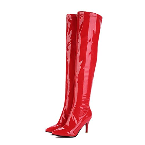 WOkismD Overknee-Stiefel für Damen Sexy Stiletto High Heel Lackleder Overknee-Stiefel mit spitzer Zehenpartie und seitlichem Reißverschluss,Rot,35 von WOkismD