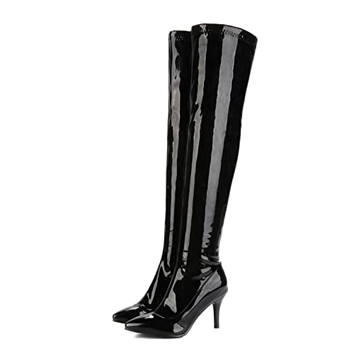 WOkismD Overknee-Stiefel für Damen Sexy Stiletto High Heel Lackleder Overknee-Stiefel mit spitzer Zehenpartie und seitlichem Reißverschluss,Schwarz,38 von WOkismD