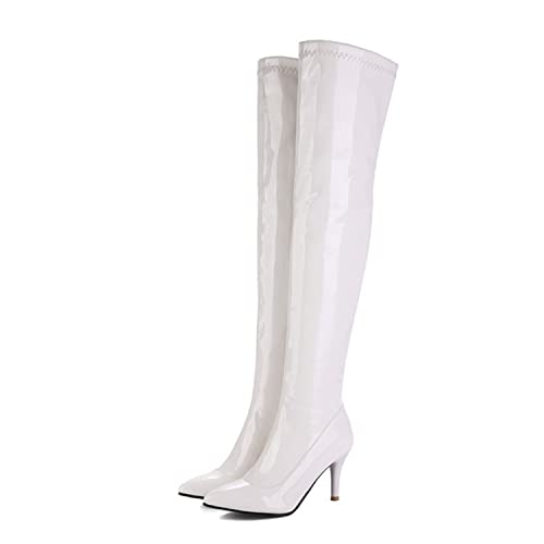 WOkismD Overknee-Stiefel für Damen Sexy Stiletto High Heel Lackleder Overknee-Stiefel mit spitzer Zehenpartie und seitlichem Reißverschluss,Weiß,36 von WOkismD