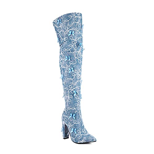 WOkismD Overknee-Stiefel für Damen mit Blockabsatz Denim Oberschenkelhohe Stiefel Stretch Sexy Spitzschuh Reißverschluss Lange Stiefelschuhe,Blau,38 von WOkismD