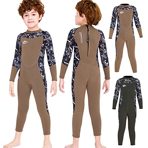 Kinder-Neoprenanzug, 2 mm, Neopren, langärmelig, mit Reißverschluss hinten, Tauchanzüge für Jungen im Alter von 2 bis 10 Jahren (braun, L) von WQZStar