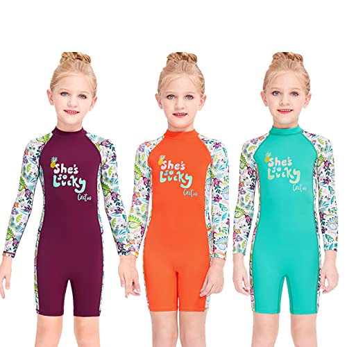 Kinder Shorty Neoprenanzug Rückenreißverschluss Tauchanzug Lange Ärmel + Shorts Schnelltrocknender Badeanzug für Mädchen im Alter von 2 bis 10 Jahren (Lila L) von WQZStar