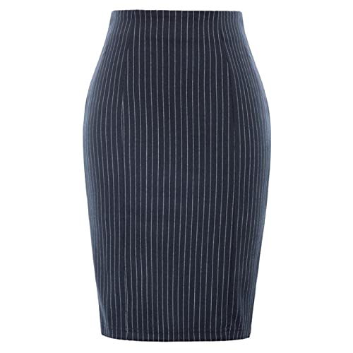 WQZYY&ASDCD Bleistiftrock Frauen Nadelstreifen Bodycon Rock Dame Hohe Taille Hüfte-Wrapped Zurück Split Mode Lässig Büroarbeit Röcke Damen XL Navyblau von WQZYY&ASDCD