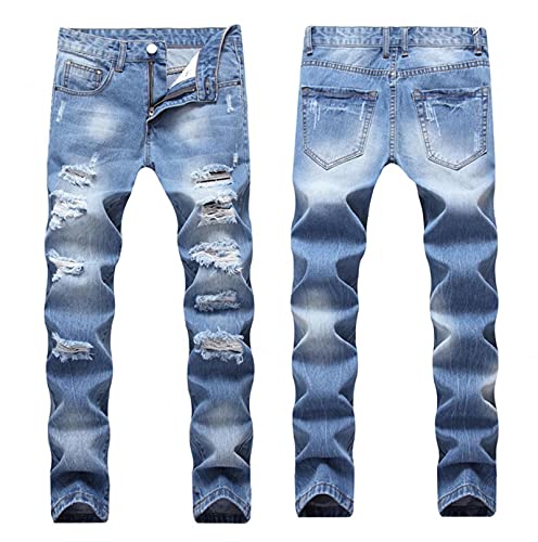 WQZYY&ASDCD Jeans Pantalon Herren Zerrissene Jeans Slim Fit Hellblaue Denim-Jogginghose Herren Distressed Destroyed Hose Button-Fly-Hose 28 405 von WQZYY&ASDCD