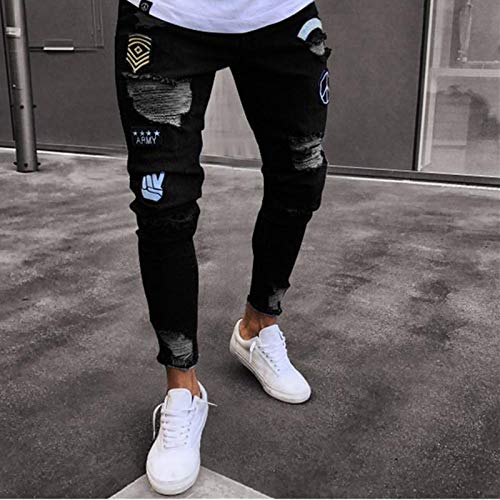 WQZYY&ASDCD Jeans Pantalon Jeans Herren Streetwear Destroyed Ripped Jeans Homme Hip Hop Broken Modis Männlich Bleistift Biker Stickerei Patch Hose L 11059 von WQZYY&ASDCD