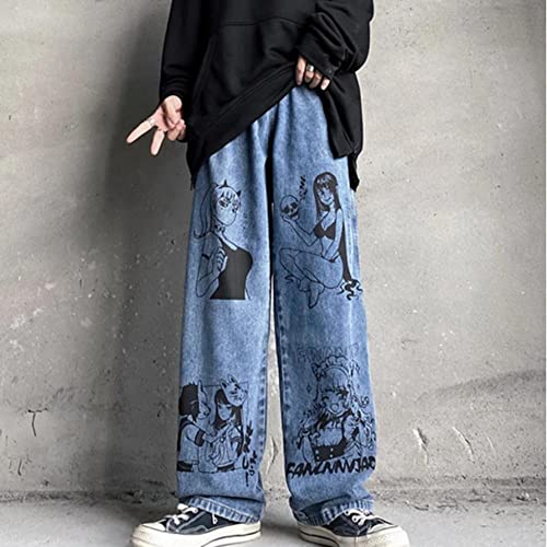 WRYIPSF Retro Männer Jeans Anime Print Baggy Jeans Lässige Gerade Hose High Street Streetwear Denim Hosen Mode-Blau_L von WRYIPSF