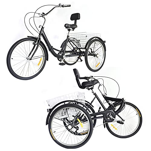 Dreirad für Erwachsene 24 Zoll Dreirad Faltbares Fahrrad mit Korb 3 Räder Fahrrad 7-Gang Cruise Citybike für Erwachsene und Jugendliche mit einer Körpergröße von 160-185 CM, Max. Belastung 120KG von WSIKGHU