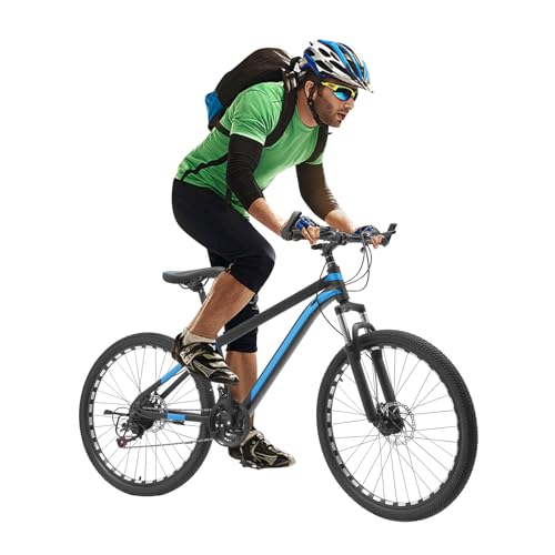 WSIKGHU 26 Zoll 21-Gang Mountainbike für Erwachsene, höhenverstellbares Mountainbike aus Karbonstahl mit Scheibenbremsen Vorne und Hinten-165-185CM,MAX110KG-Vormontiert 70% (Schwarz+Blau) von WSIKGHU