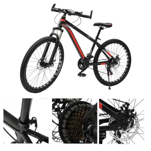 WSIKGHU 26 Zoll 21-Gang Mountainbike für Erwachsene, höhenverstellbares Mountainbike aus Karbonstahl mit Scheibenbremsen Vorne und Hinten-165-185CM,MAX110KG-Vormontiert 70% (Schwarz+Rot) von WSIKGHU