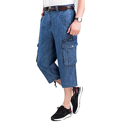 Shorts Kurze Herren Hose Jeans Shorts Herren Reithose Multi Side Pocket Casual Männlich Straight Long Blue Denim Loose Cargo Shorts Herren Chinesesize36 Blau von WSXCDERFV