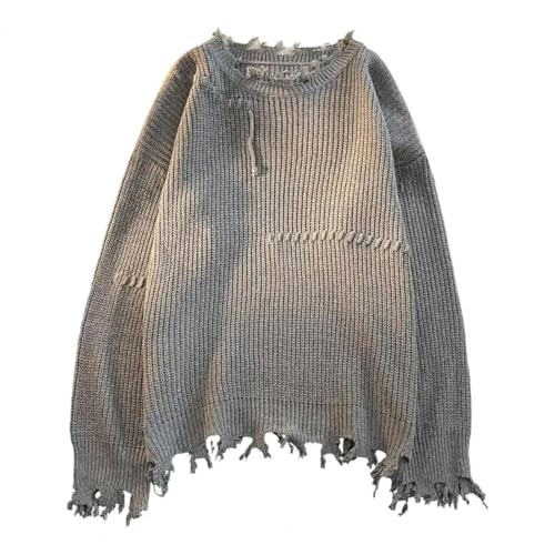 WUFANGBU Pullover Sweatshirts Pullover Mit Rundem Hals Styli Scher Herren-Fringe-Pullover Mit Zerrifften Details Weich Gestrickter Pullover Für Bequeme Lose-Fit-L-Grau von WUFANGBU