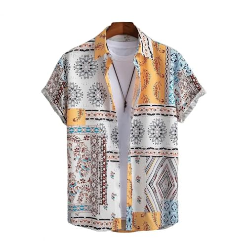WUFANGBU T-Shirt Kurzarm Herren Männer Strandhemd Bunt Print Kurzarm Hemd Einreihig Locker Umlegekragen Herren Top 2XL Gelbweiß von WUFANGBU