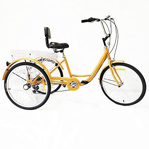 WWENDNDYS 24 Zoll Adult Tricycle 6 Speed 3 Wheel Bicycle Premium Fahrrad Dreirad mit Korb Gelb von WWENDNDYS