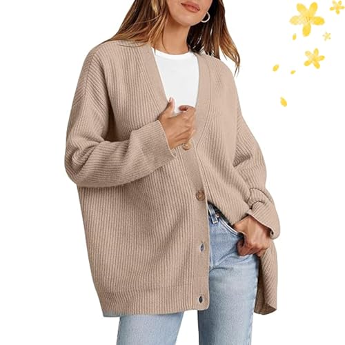 Damen-Strickjacke, Übergröße, Knopfleiste vorne, langärmelig, Strickpullover, Strickpullover, Pullover, V-Ausschnitt, lässiges Oberteil (Grau, Größe 2XL) von WXDTW