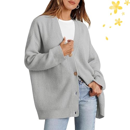 Damen-Strickjacke, Übergröße, Knopfleiste vorne, langärmelig, Strickpullover, Strickpullover, Pullover, V-Ausschnitt, lässiges Oberteil (Hellgrau, M) von WXDTW