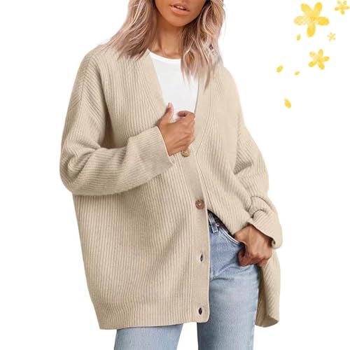 Damen-Strickjacke, Übergröße, Knopfleiste vorne, langärmelig, Strickpullover, Strickpullover, Pullover, V-Ausschnitt, lässiges Oberteil (Weiß, Größe 1, 4XL) von WXDTW