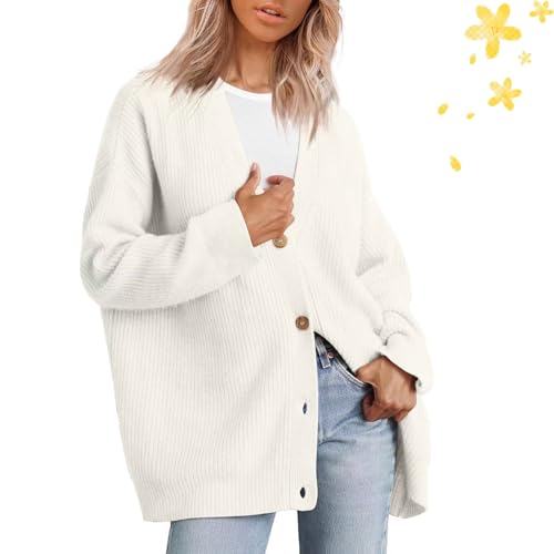 Damen-Strickjacke, Übergröße, Knopfleiste vorne, langärmelig, Strickpullover, Strickpullover, Pullover, V-Ausschnitt, lässiges Oberteil (Weiß, Größe L) von WXDTW