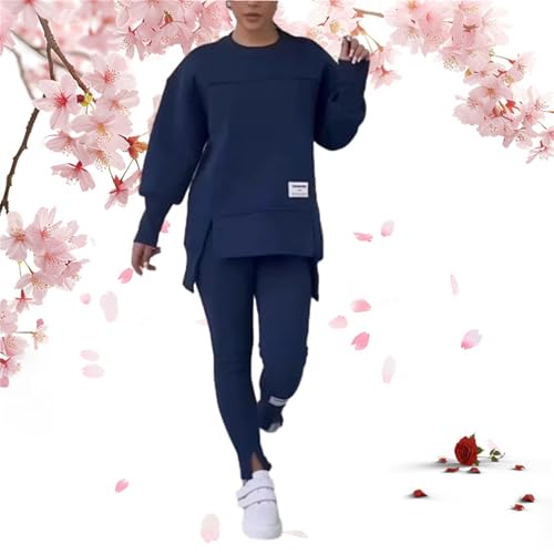 Lässiges Damen-Sweatshirt-Legging-Set, einfarbig, Rundhalsausschnitt, lange Ärmel, Schlitzsaum, Übergröße, 2-teiliges Outfit, Sweatsuit (blau, S) von WXDTW