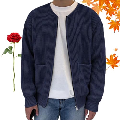 Trendige Strickjacke für Herren, einfarbig, Rundhalsausschnitt, Reißverschlusstaschen, langärmelig, für Herbst und Winter, warme Strickjacke von WXDTW