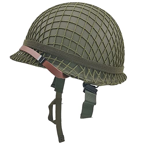 WWII US Army M1 Helm, WW2 Gear, WW2 Helm, Metall, Stahlschale, Nachbildung mit Netz/Canvas-Kinnriemen/Katzenaugenband von WXKHV