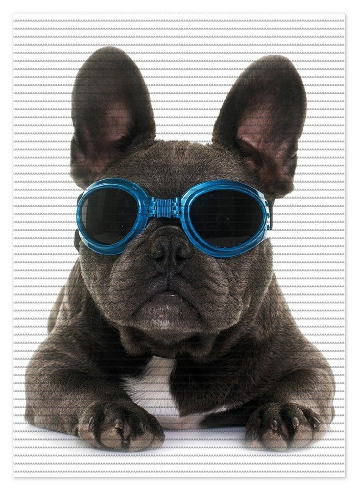 Schaum-Badematte Cooler Hund mit Sonnenbrille in blau - Französische Bulldogge Wallario, Höhe 5.5 mm, rutschhemmend, geeignet für Fußbodenheizungen, Polymer-Schaum, rechteckig von Wallario