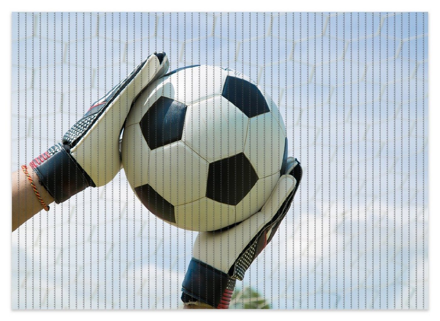 Schaum-Badematte Fußball - Torwart im Tor vor blauem Himmel Wallario, Höhe 5.5 mm, rutschhemmend, geeignet für Fußbodenheizungen, Polymer-Schaum, rechteckig von Wallario