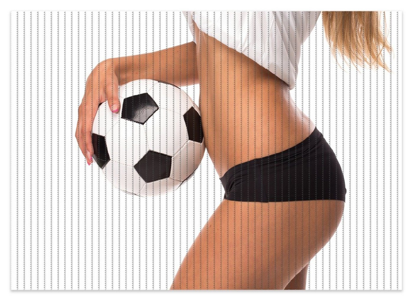 Schaum-Badematte Fußball - sexy Frau mit einem Fußball Wallario, Höhe 5.5 mm, rutschhemmend, geeignet für Fußbodenheizungen, Polymer-Schaum, rechteckig von Wallario
