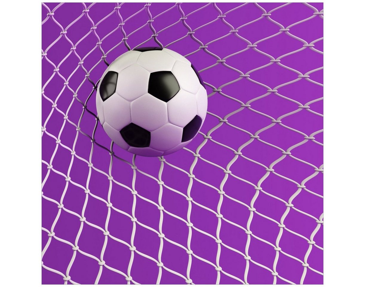 Wallario Acrylglasbild, Fußball im Tor - Hintergrund lila, in verschiedenen Ausführungen von Wallario
