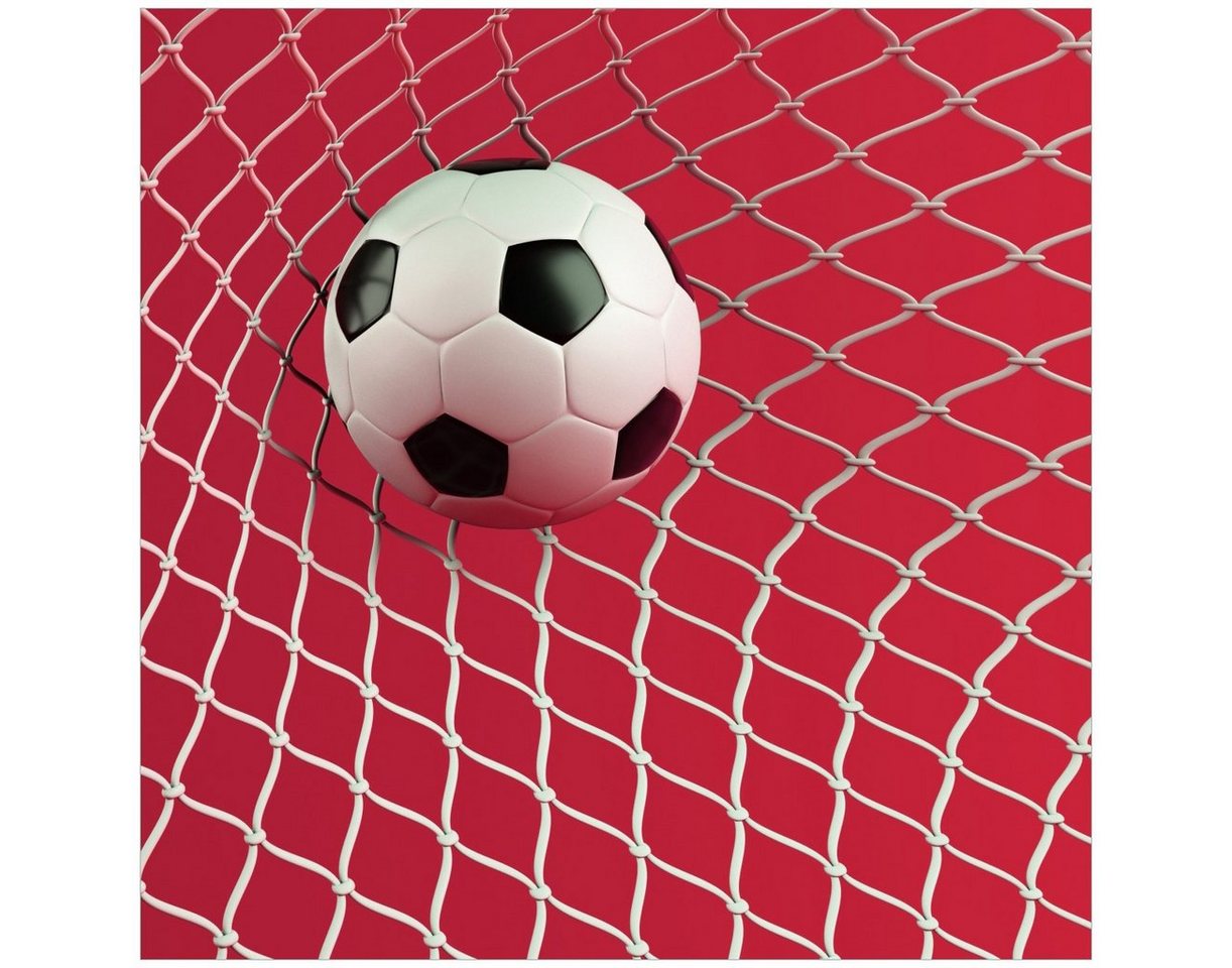 Wallario Acrylglasbild, Fußball im Tor - Hintergrund rot, in verschiedenen Ausführungen von Wallario