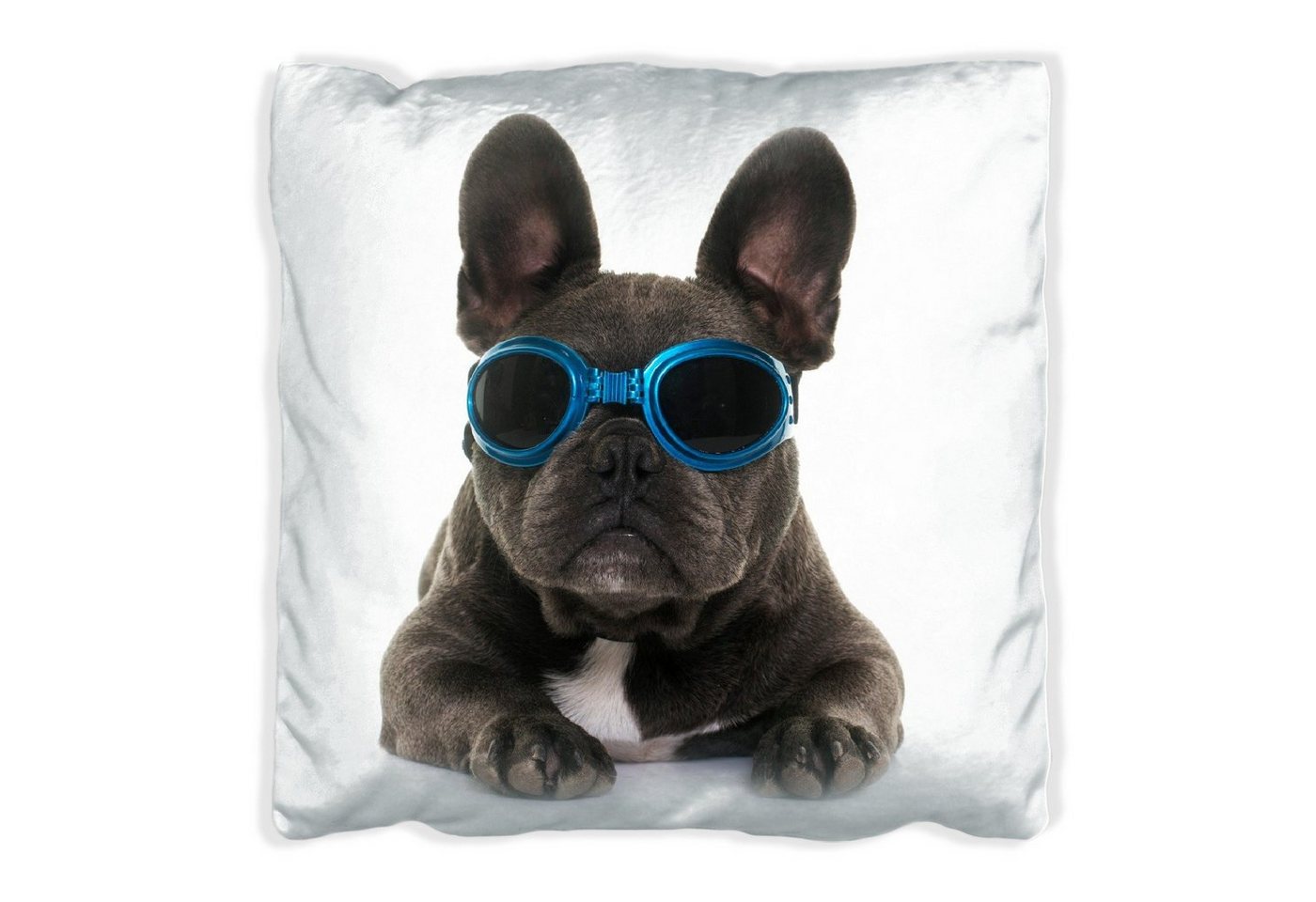 Wallario Dekokissen Cooler Hund mit Sonnenbrille in blau - Französische Bulldogge, handgenäht von Wallario