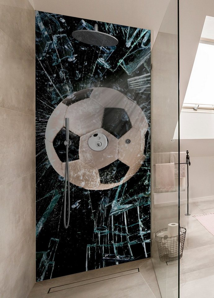 Wallario Duschrückwand Fußball - im Fenster, Splitter und Glas, (1-tlg) von Wallario