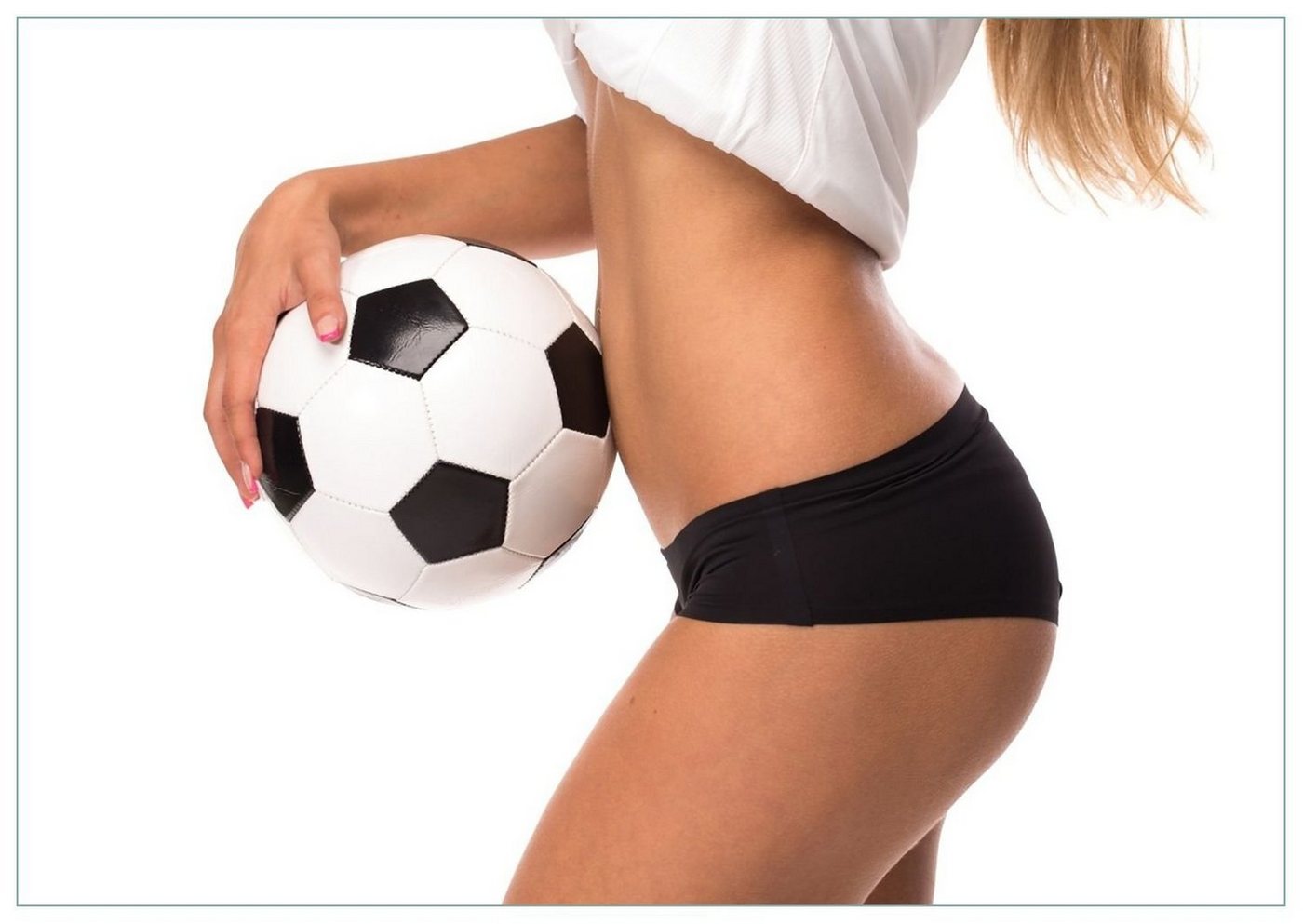 Wallario Glasbild, Fußball - sexy Frau mit einem Fußball, in verschiedenen Ausführungen von Wallario