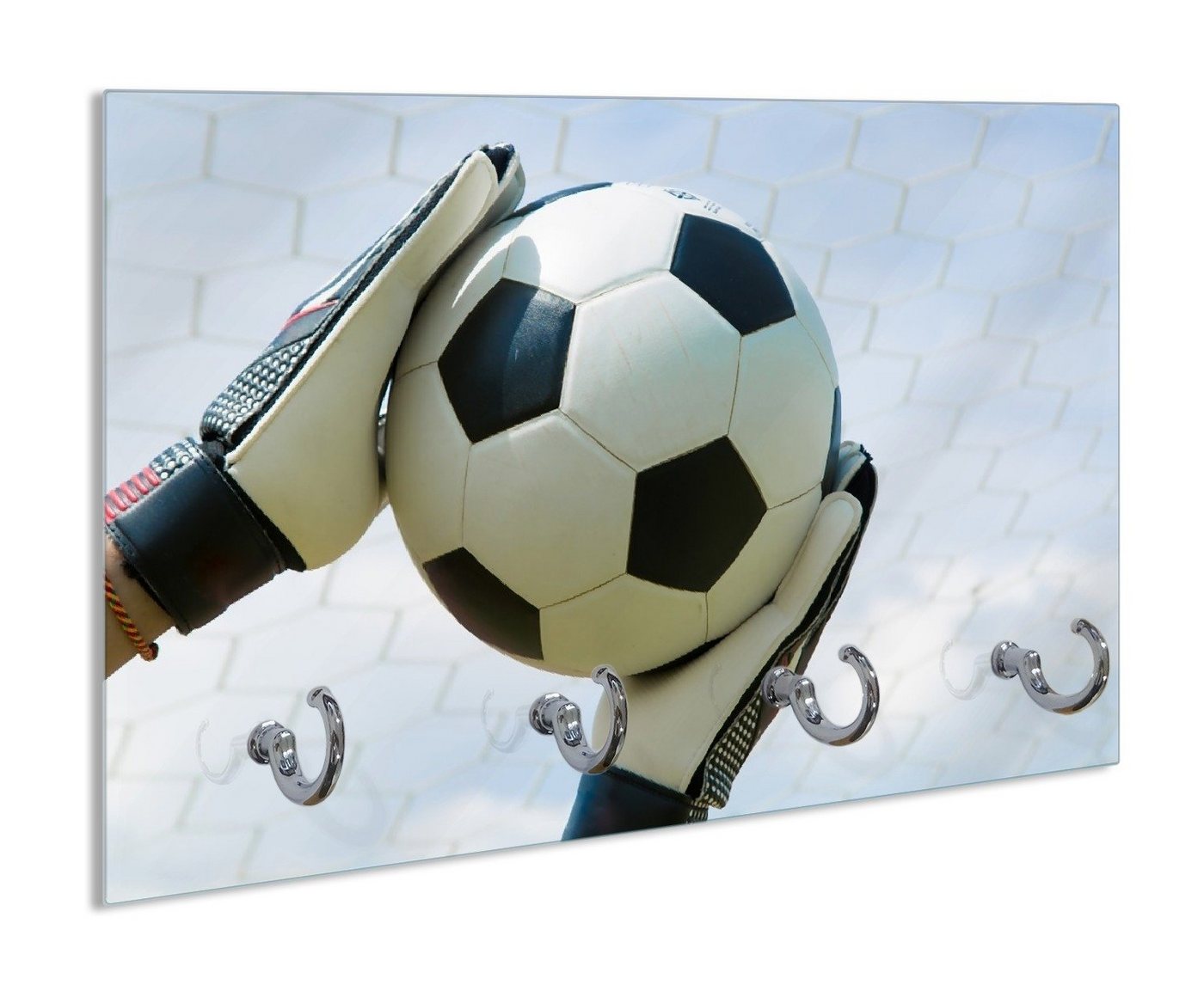 Wallario Handtuchhalter Fußball - Torwart im Tor vor blauem Himmel, aus Glas mit 4 Metallhaken von Wallario
