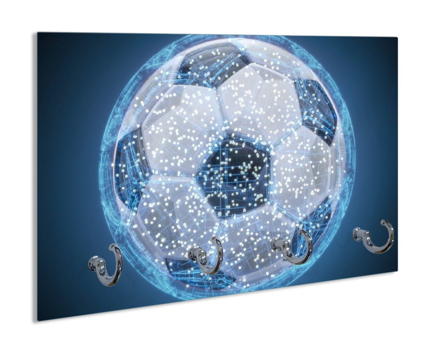 Wallario Handtuchhalter Fußball digital - Netzwerk in blau, aus Glas mit 4 Metallhaken von Wallario