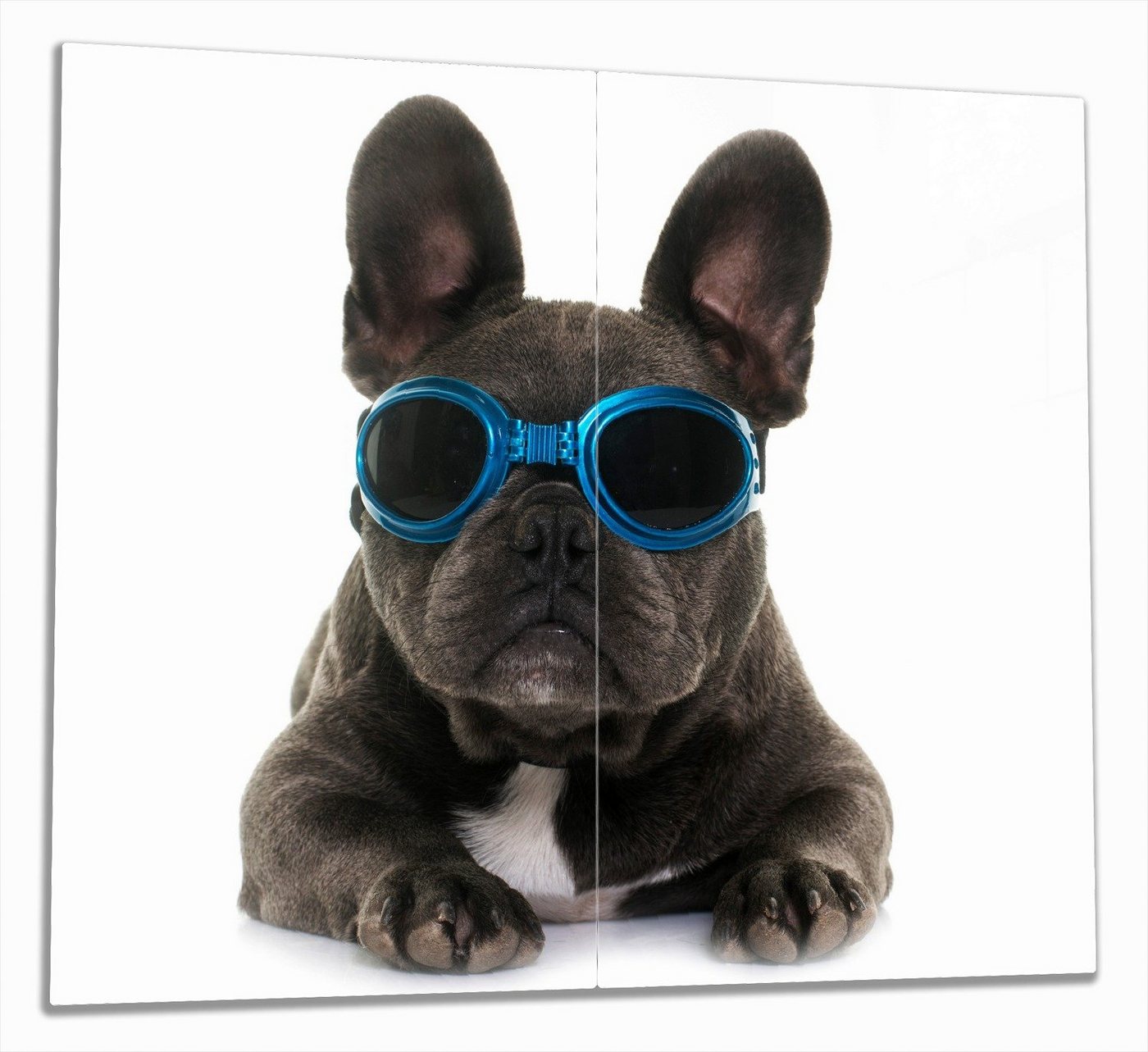 Wallario Herd-Abdeckplatte Cooler Hund mit Sonnenbrille in blau - Französische Bulldogge, ESG-Sicherheitsglas, (Glasplatte, 2 tlg., inkl. 5mm Noppen), verschiedene Größen von Wallario