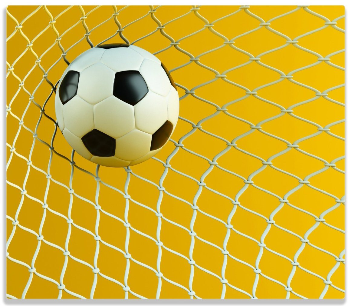 Wallario Herd-Abdeckplatte Fußball im Tor - Hintergrund gelb, ESG-Sicherheitsglas, (Glasplatte, 1 tlg., inkl. 5mm Noppen), verschiedene Größen von Wallario