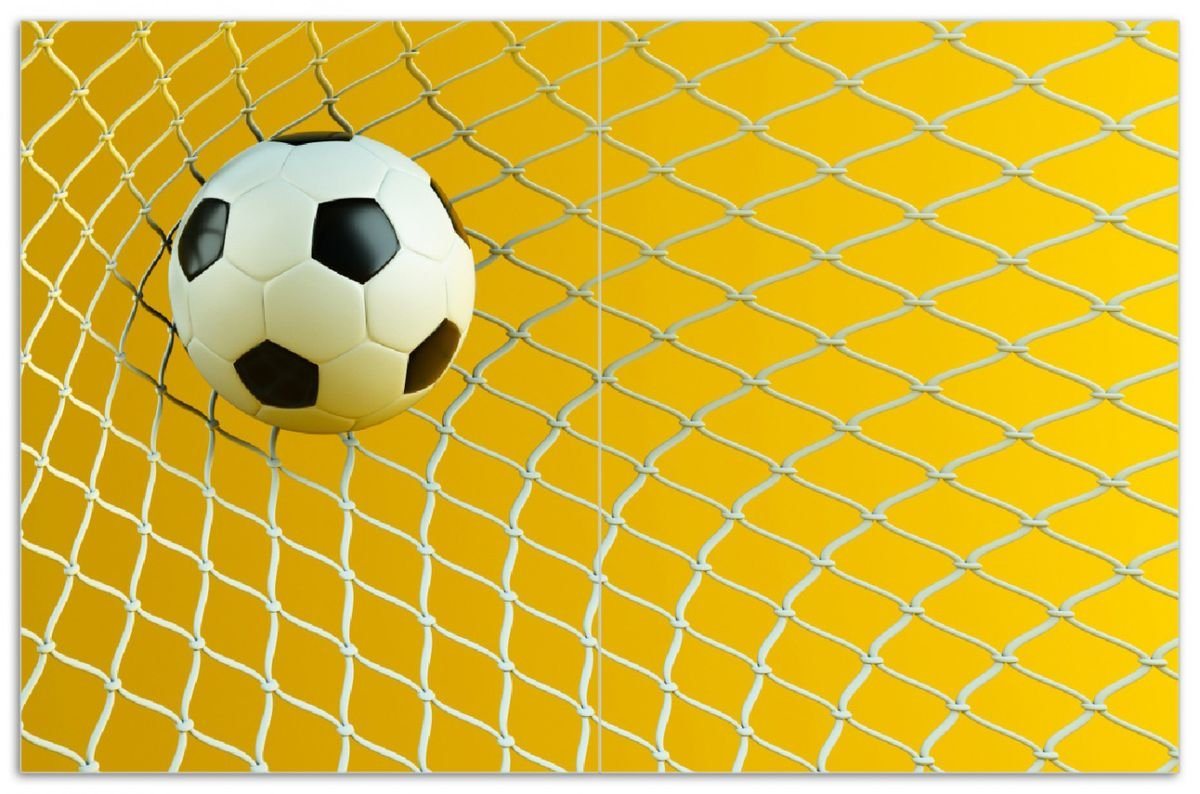Wallario Herd-Abdeckplatte Fußball im Tor - Hintergrund gelb, ESG-Sicherheitsglas, (Glasplatte, 2 tlg., inkl. 5mm Noppen), verschiedene Größen von Wallario