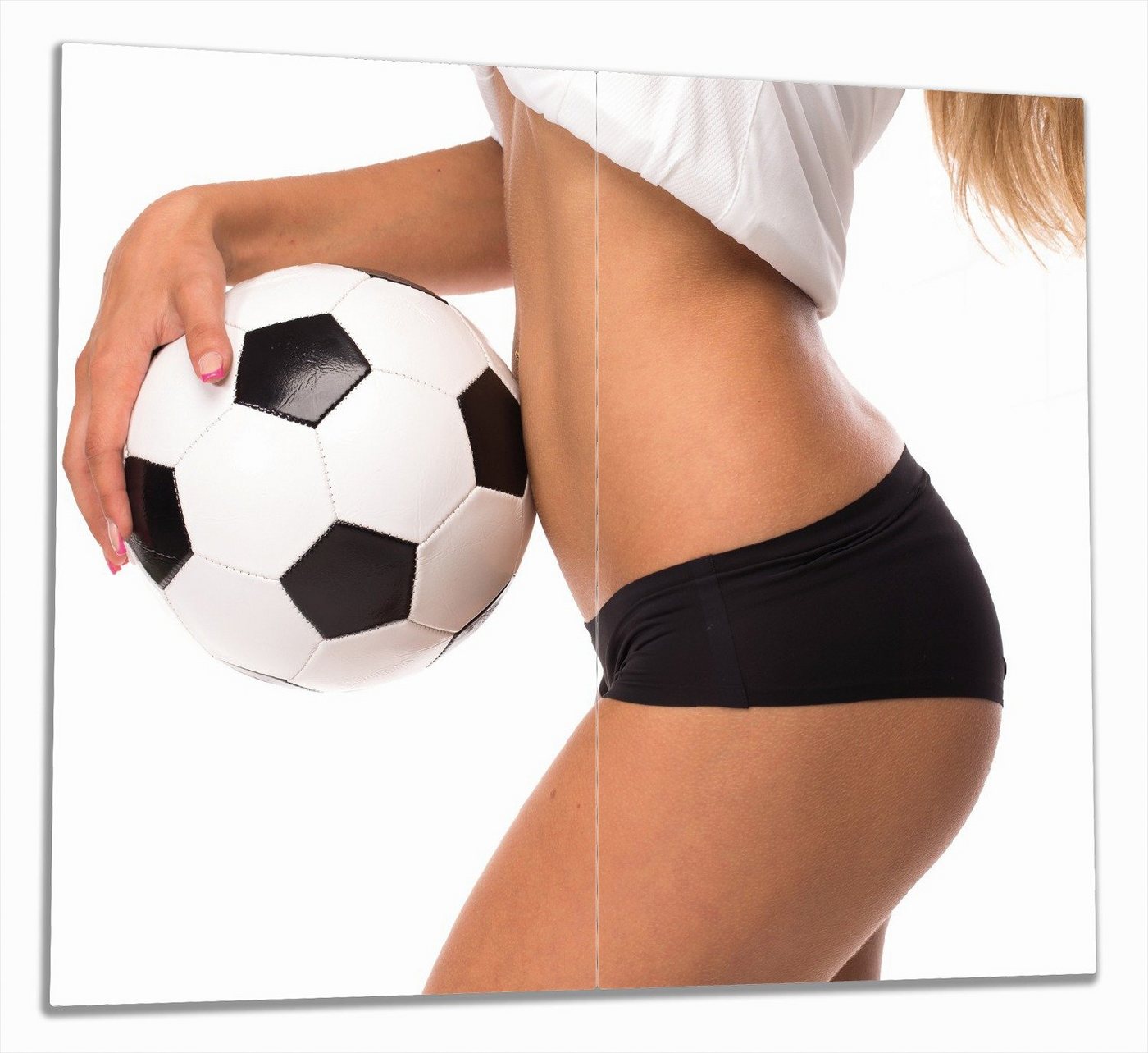 Wallario Herd-Abdeckplatte Fußball - sexy Frau mit einem Fußball, ESG-Sicherheitsglas, (Glasplatte, 2 tlg., inkl. 5mm Noppen), verschiedene Größen von Wallario