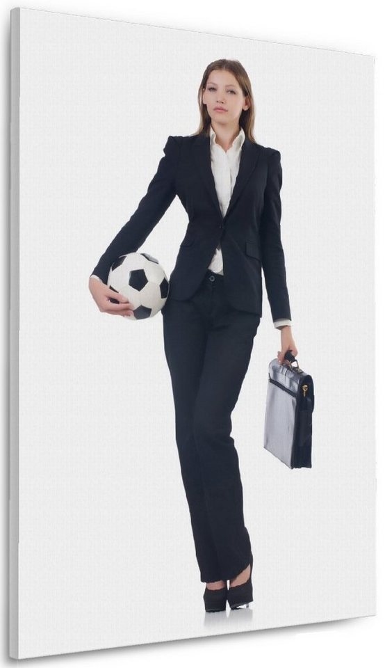 Wallario Leinwandbild, Fußball Business - Geschäftsfrau mit Ball und Aktentasche, in verschiedenen Ausführungen von Wallario