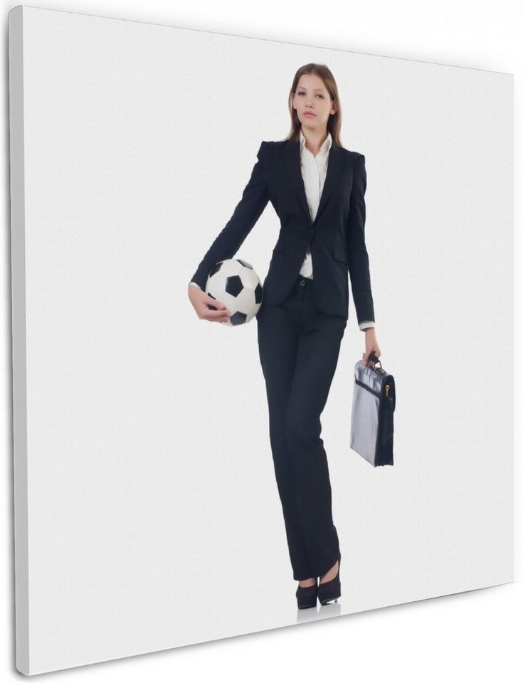 Wallario Leinwandbild, Fußball Business - Geschäftsfrau mit Ball und Aktentasche, in verschiedenen Ausführungen von Wallario