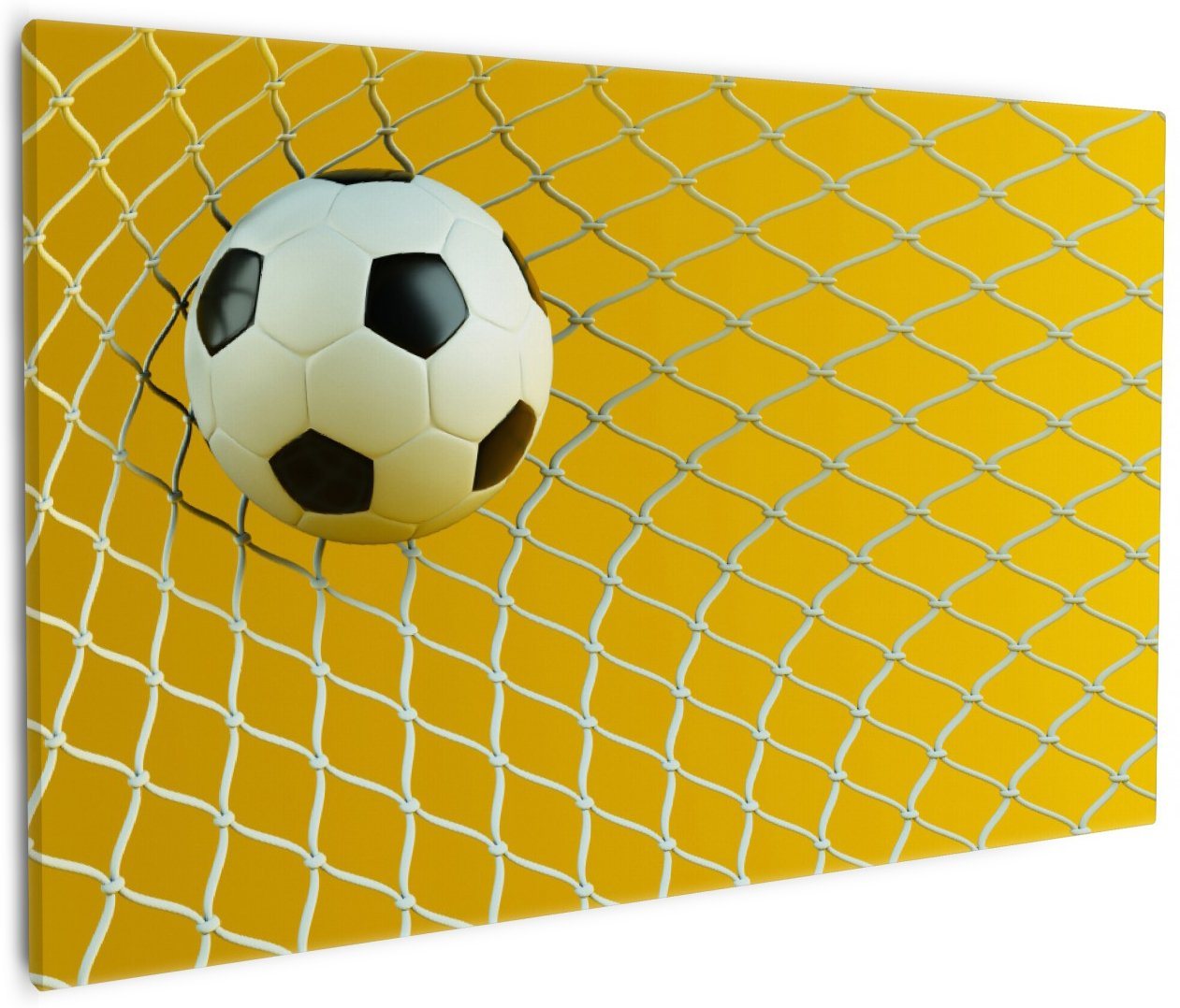 Wallario Leinwandbild, Fußball im Tor - Hintergrund gelb, in verschiedenen Ausführungen von Wallario