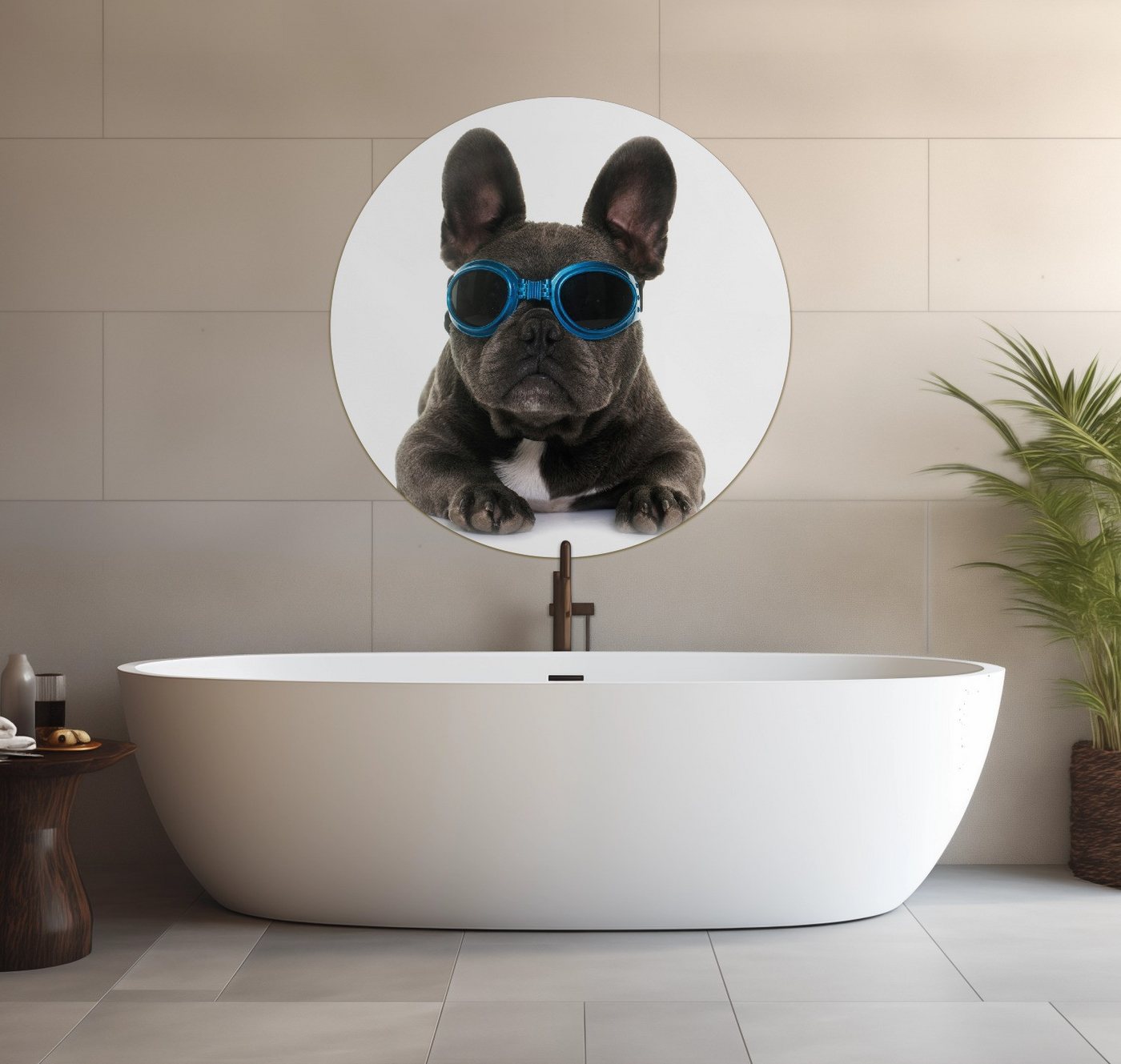 Wallario Wandfolie, Cooler Hund mit Sonnenbrille in blau - Französische Bulldogge, wasserresistent, geeignet für Bad und Dusche von Wallario