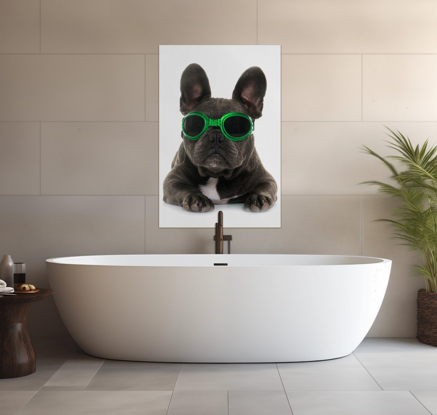 Wallario Wandfolie, Cooler Hund mit Sonnenbrille in grün - Französische Bulldogge, wasserresistent, geeignet für Bad und Dusche von Wallario