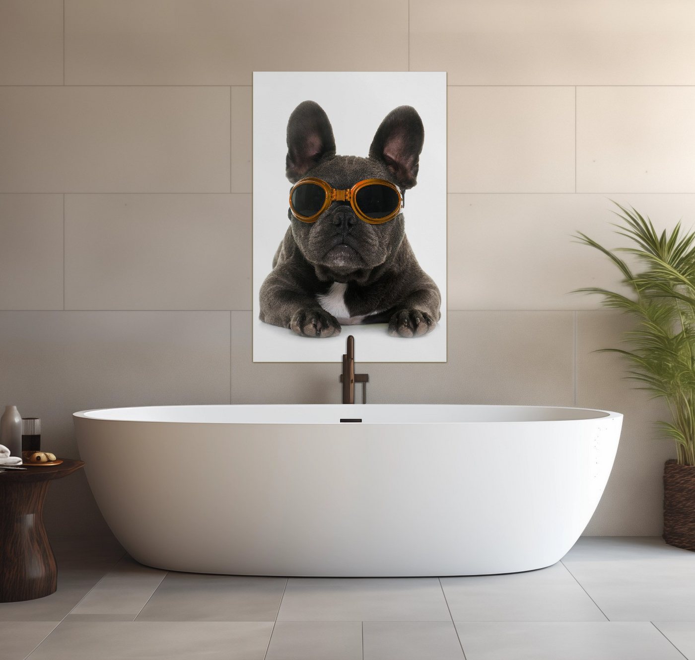 Wallario Wandfolie, Cooler Hund mit Sonnenbrille in orange - Französische Bulldogge, wasserresistent, geeignet für Bad und Dusche von Wallario