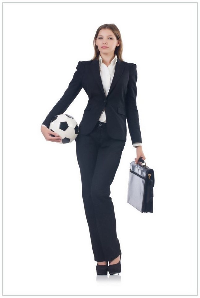 Wallario Wandfolie, Fußball Business - Geschäftsfrau mit Ball und Aktentasche, in verschiedenen Ausführungen von Wallario
