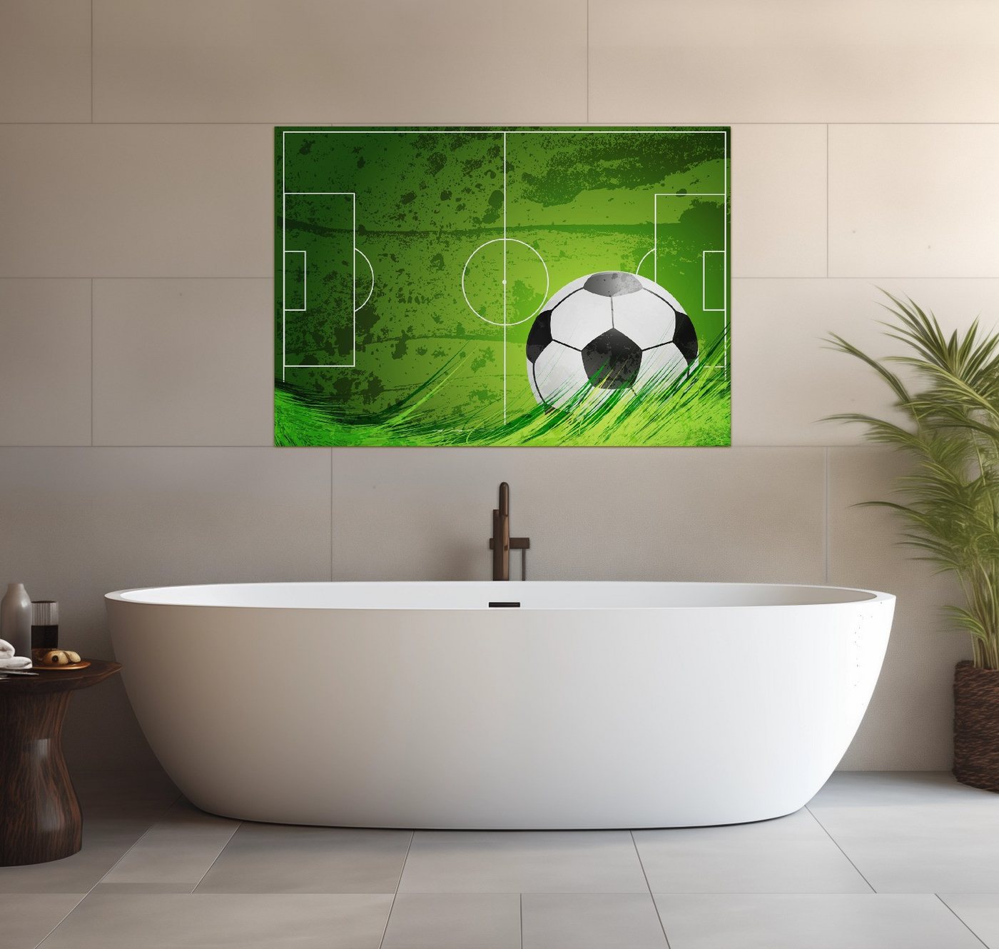 Wallario Wandfolie, Fußball-Feld klassisch grün mit Ball, wasserresistent, geeignet für Bad und Dusche von Wallario