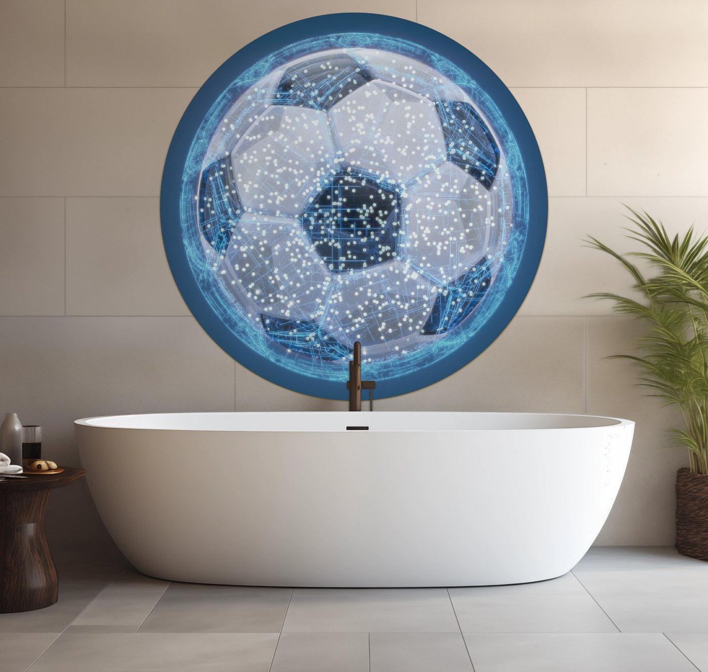 Wallario Wandfolie, Fußball digital - Netzwerk in blau, wasserresistent, geeignet für Bad und Dusche von Wallario