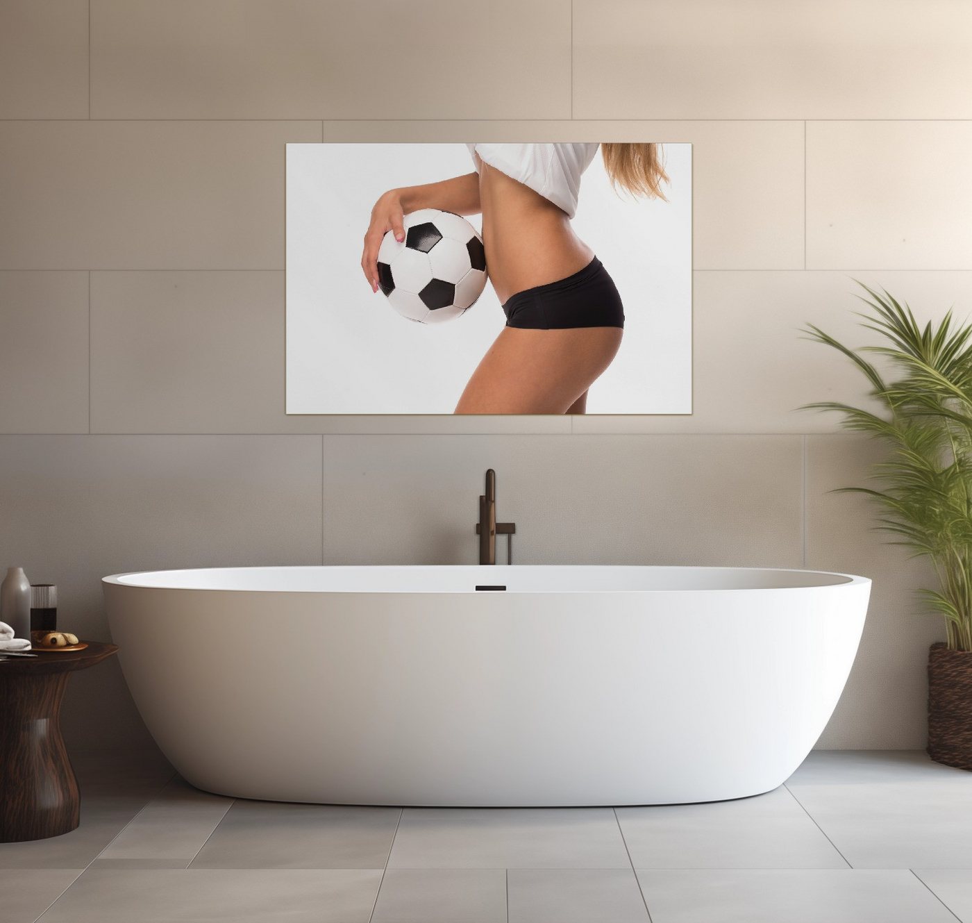 Wallario Wandfolie, Fußball - sexy Frau mit einem Fußball, wasserresistent, geeignet für Bad und Dusche von Wallario