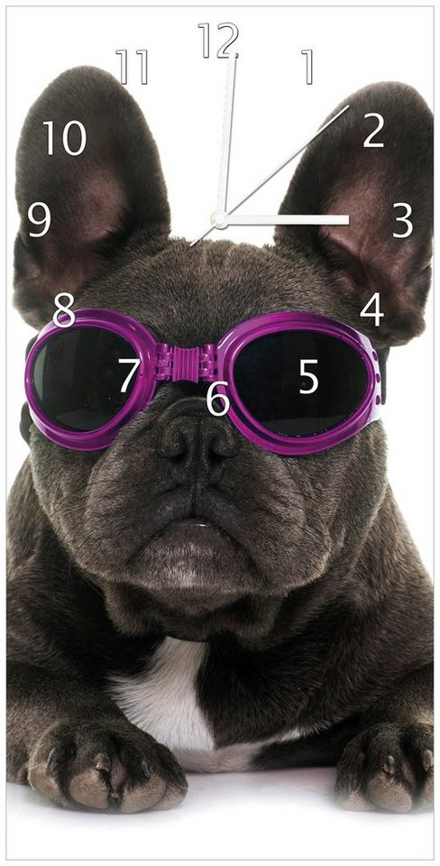 Wallario Wanduhr Cooler Hund mit Sonnenbrille in pink - Französische Bulldogge (Glasuhr) von Wallario