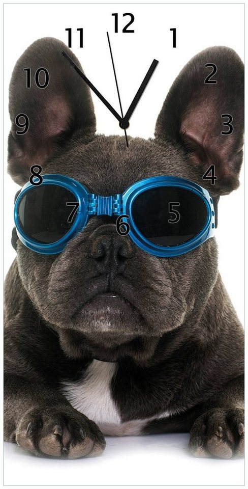 Wallario Wanduhr Cooler Hund mit Sonnenbrille in blau - Französische Bulldogge (Uhr aus Acryl) von Wallario